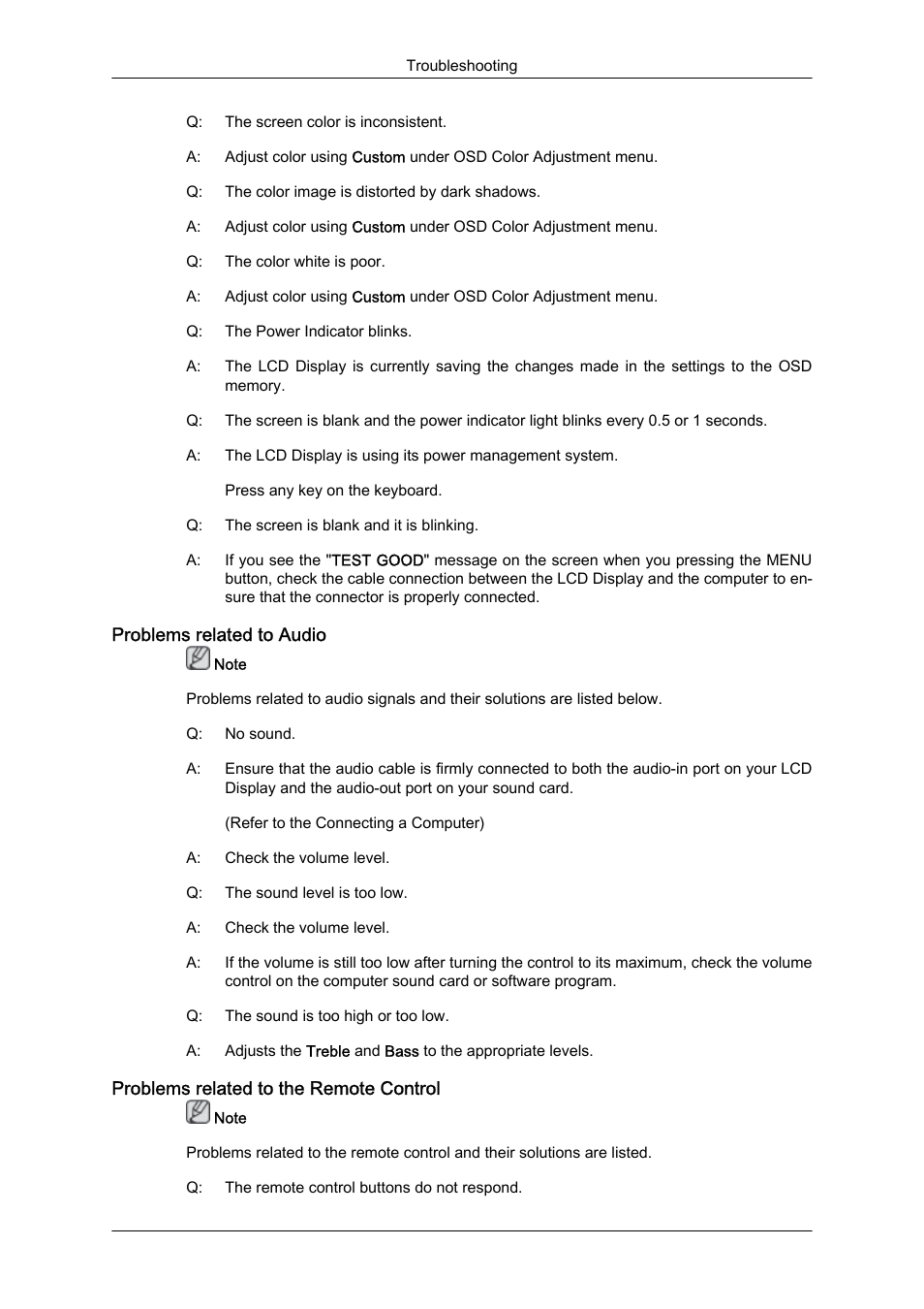 Problems related to audio, Problems related to the remote control | Samsung SyncMaster 320MXn-2 User Manual | Page 94 / 111