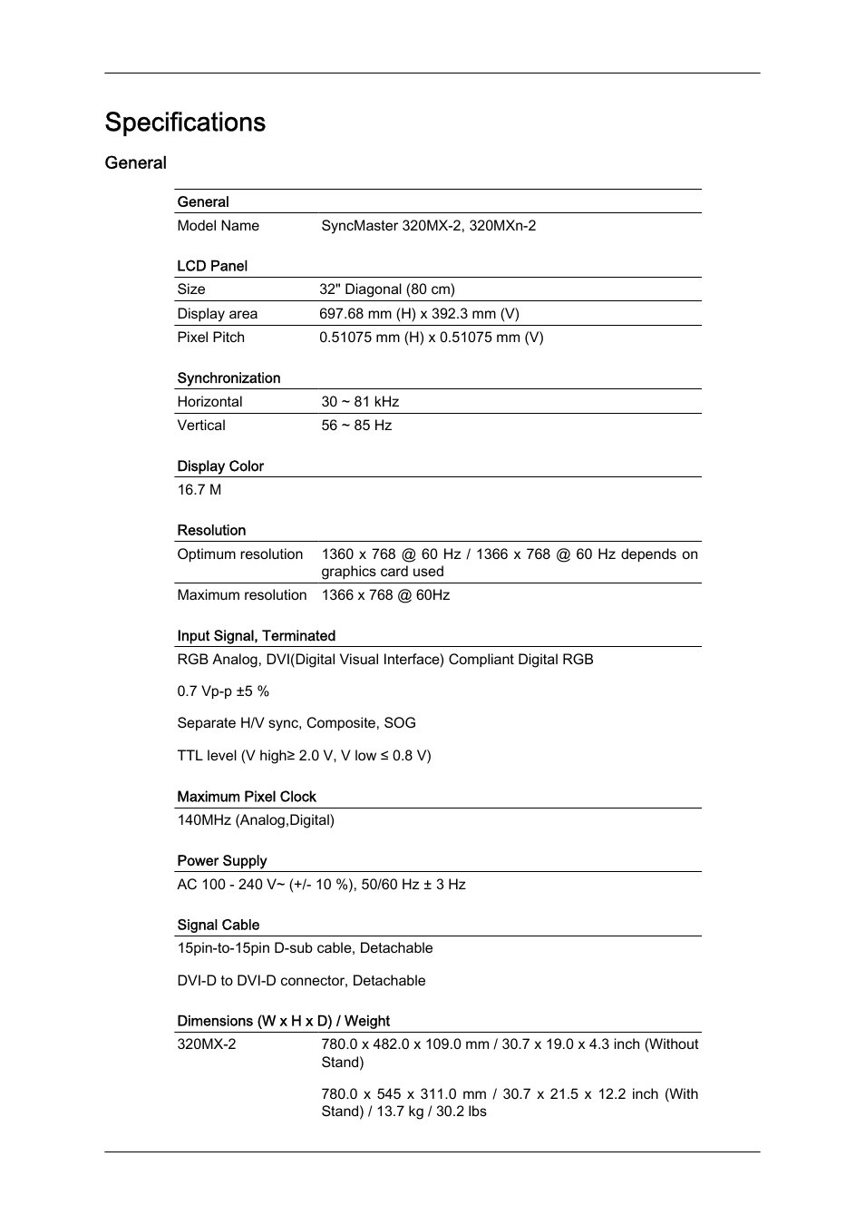 Specifications, General | Samsung SyncMaster 320MXn-2 User Manual | Page 97 / 111