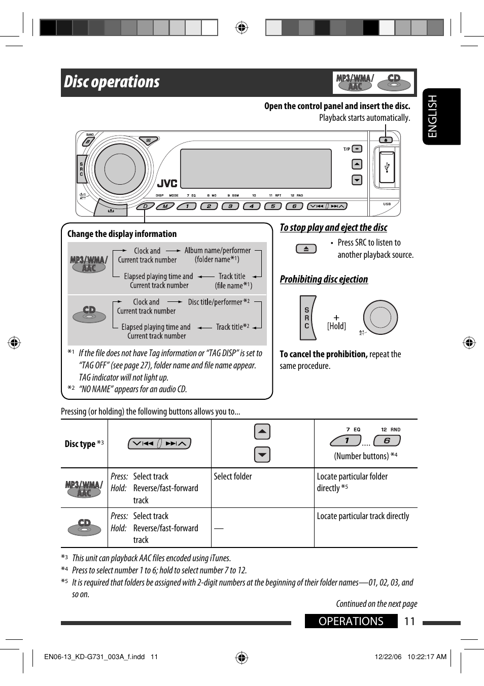 Disc operations, English 11 operations | JVC KD-G731 User Manual | Page 11 / 117