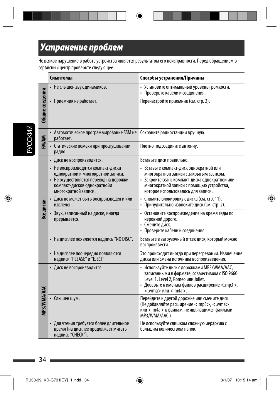 Устранение проблем, Руcckий 34 | JVC KD-G731 User Manual | Page 110 / 117