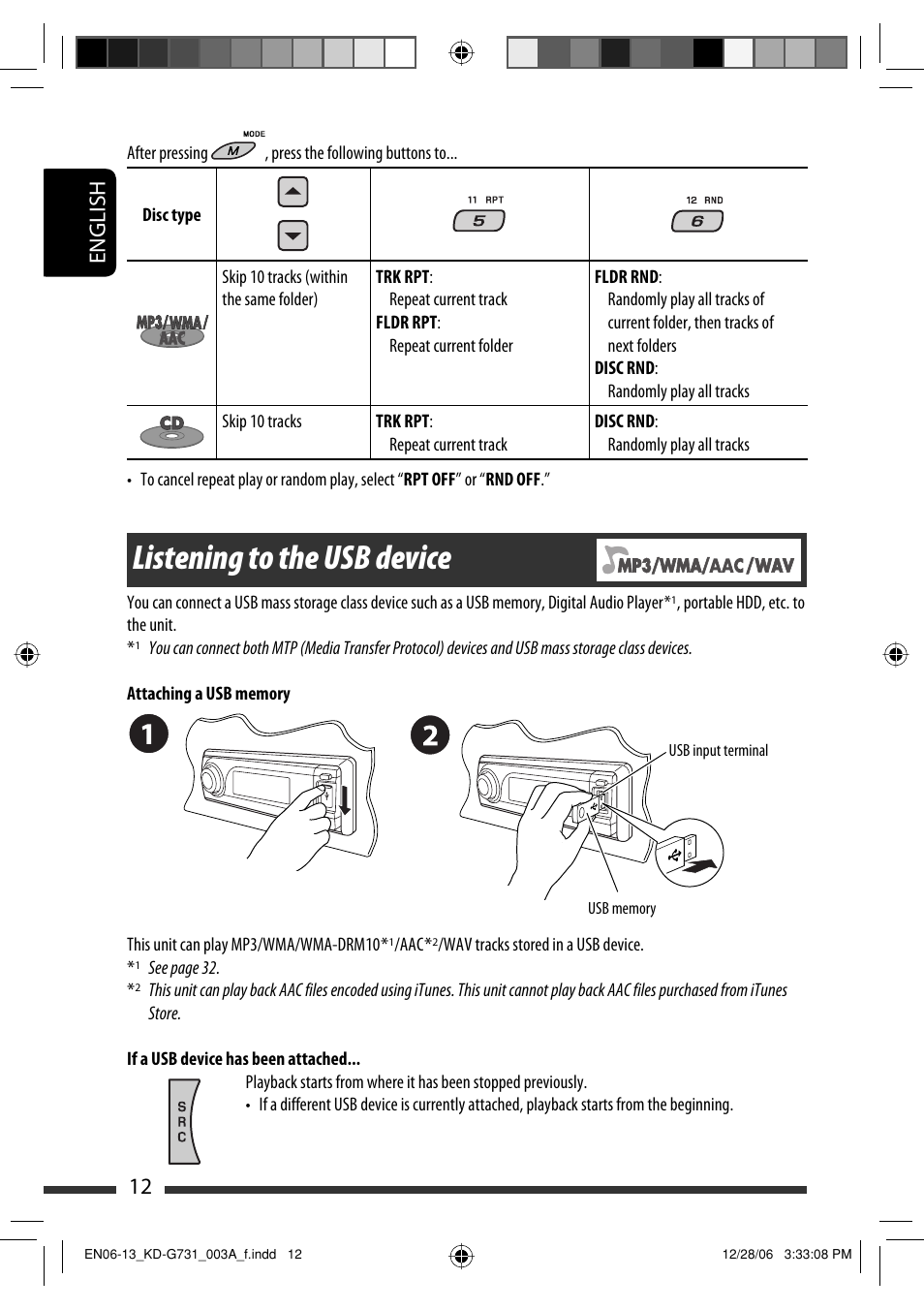 Listening to the usb device, English 12 | JVC KD-G731 User Manual | Page 12 / 117