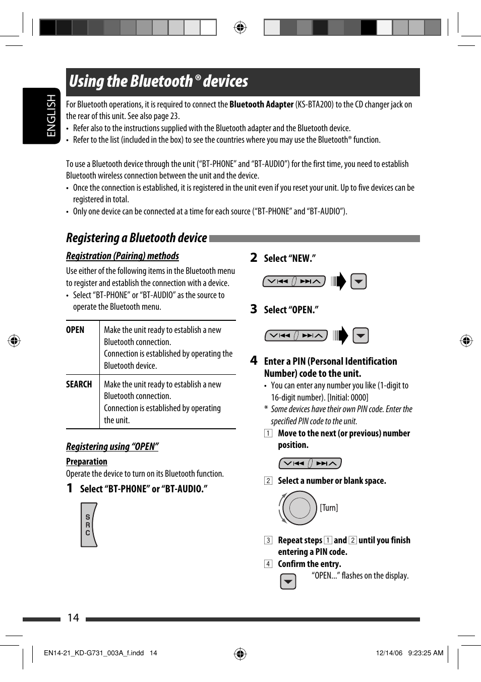 Using the bluetooth ® devices, Registering a bluetooth device 2 | JVC KD-G731 User Manual | Page 14 / 117