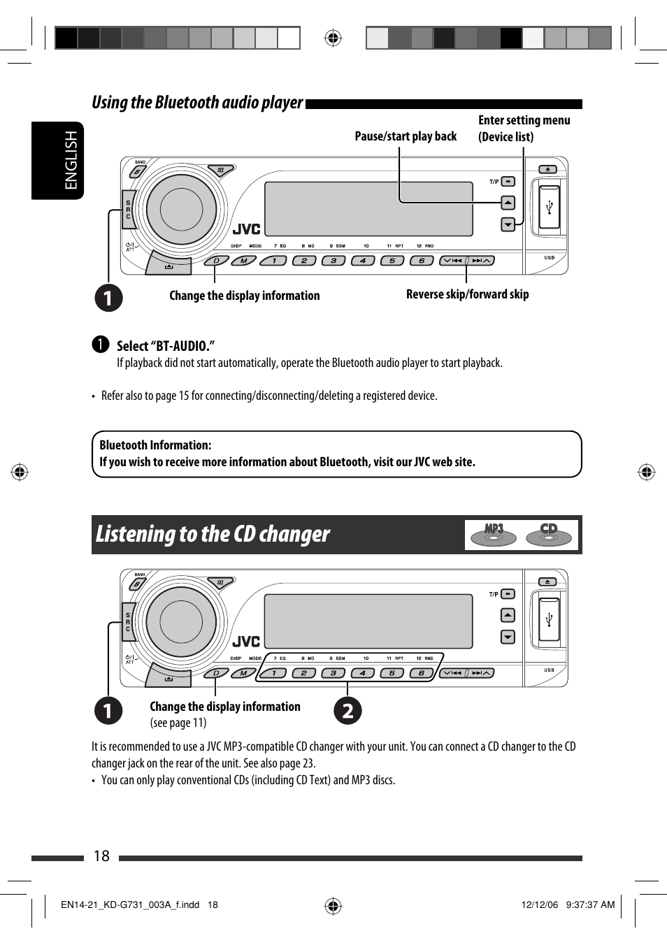 Listening to the cd changer, Using the bluetooth audio player | JVC KD-G731 User Manual | Page 18 / 117