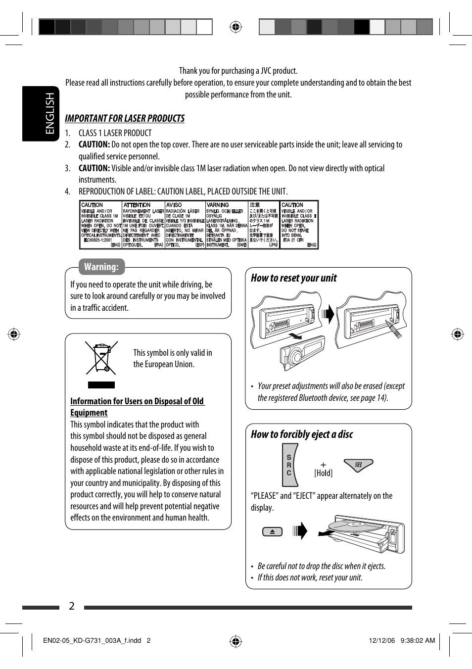 English 2 how to reset your unit, How to forcibly eject a disc | JVC KD-G731 User Manual | Page 2 / 117
