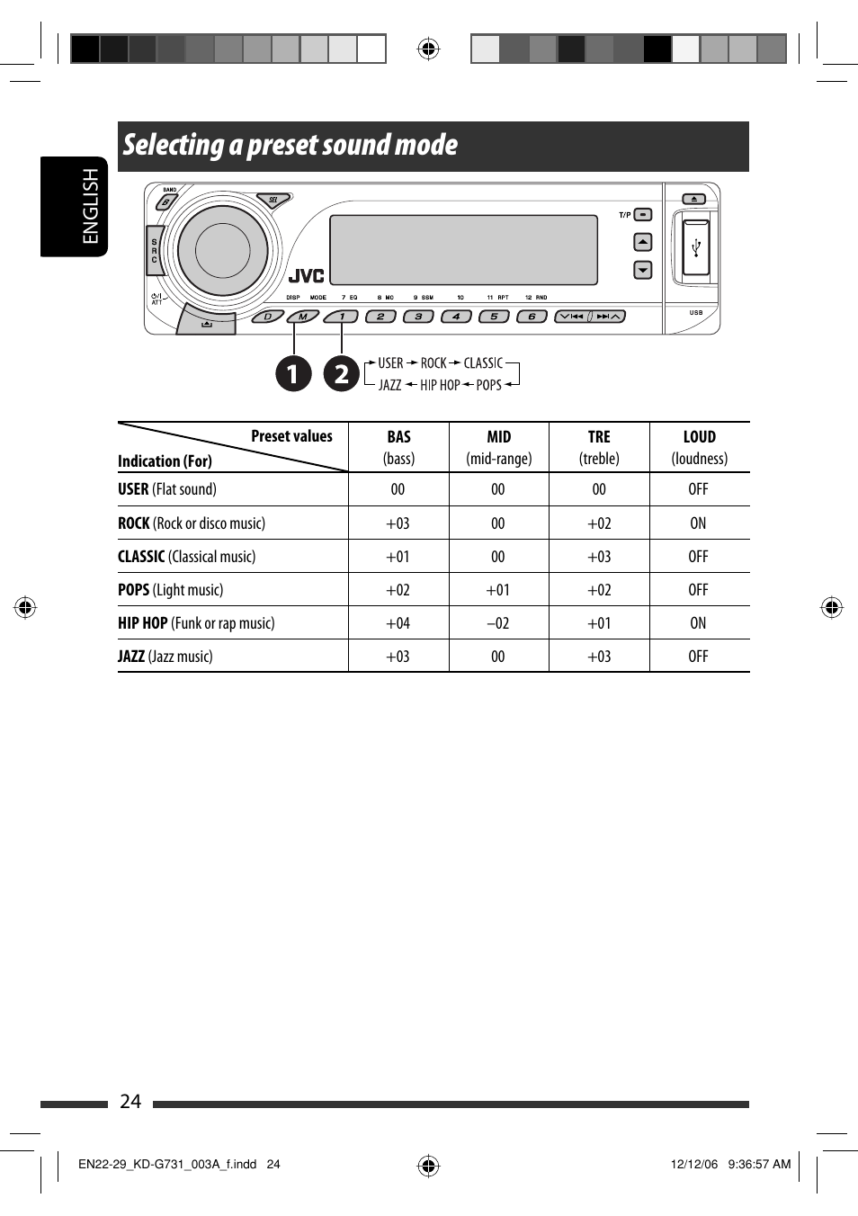 Selecting a preset sound mode, English 24 | JVC KD-G731 User Manual | Page 24 / 117