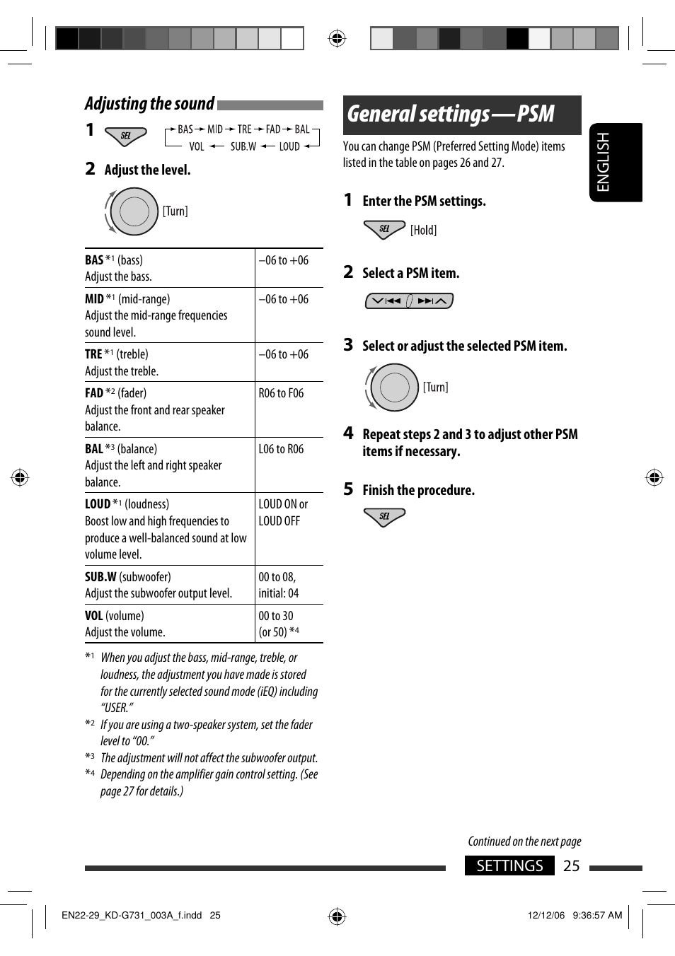 General settings — psm, Adjusting the sound 1, English 25 settings | JVC KD-G731 User Manual | Page 25 / 117