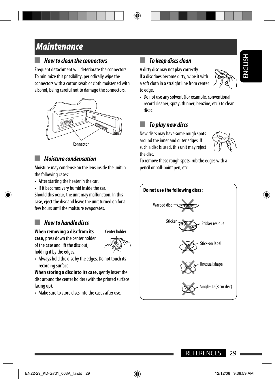 Maintenance, English 29 references how to clean the connectors, Moisture condensation | How to handle discs | JVC KD-G731 User Manual | Page 29 / 117