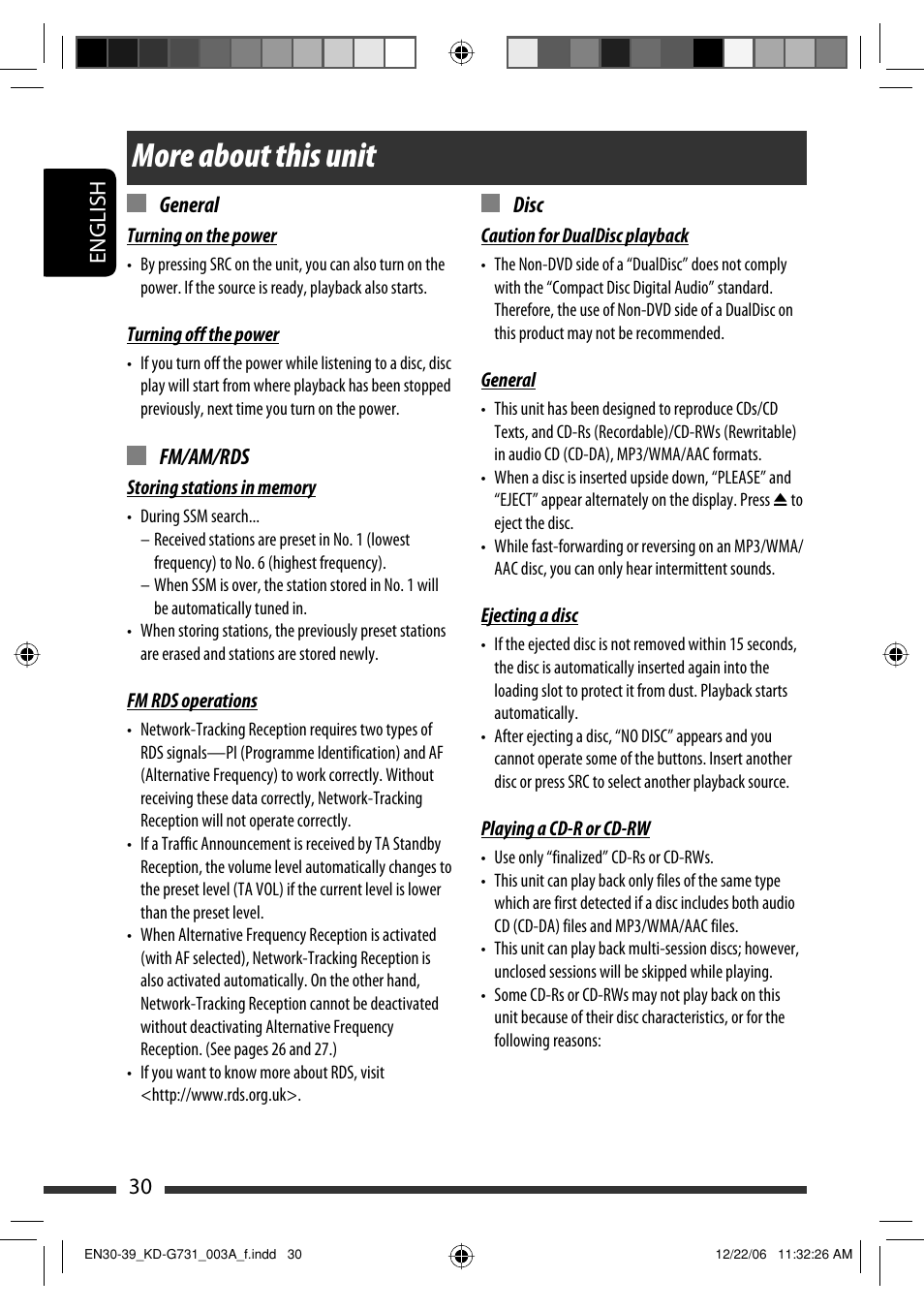 More about this unit, English 30 general, Fm/am/rds | Disc | JVC KD-G731 User Manual | Page 30 / 117