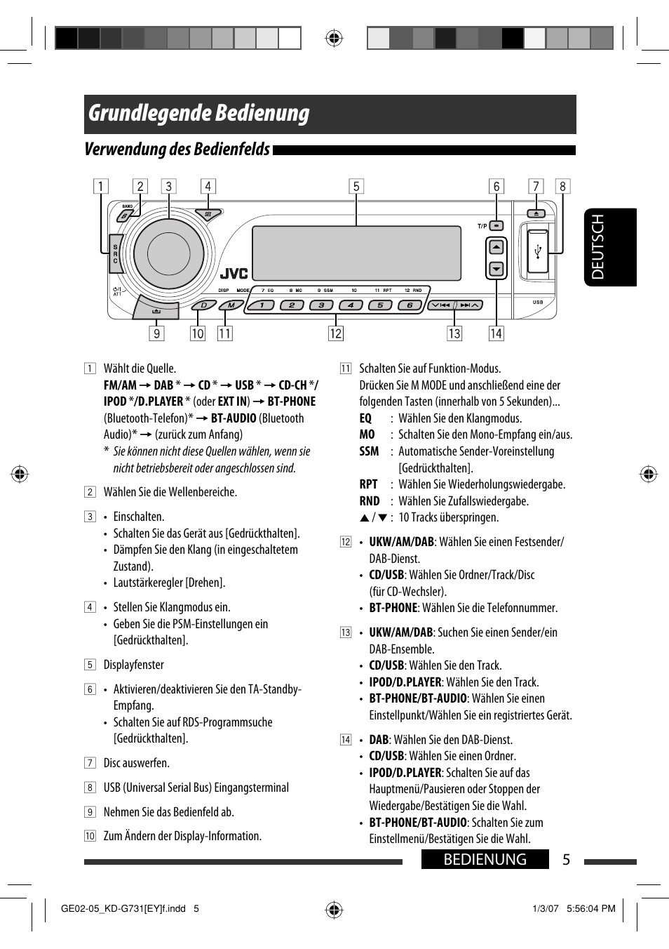 Grundlegende bedienung, Verwendung des bedienfelds, 5bedienung deutsch | JVC KD-G731 User Manual | Page 43 / 117