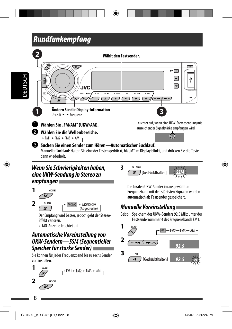 Rundfunkempfang, Manuelle voreinstellung | JVC KD-G731 User Manual | Page 46 / 117