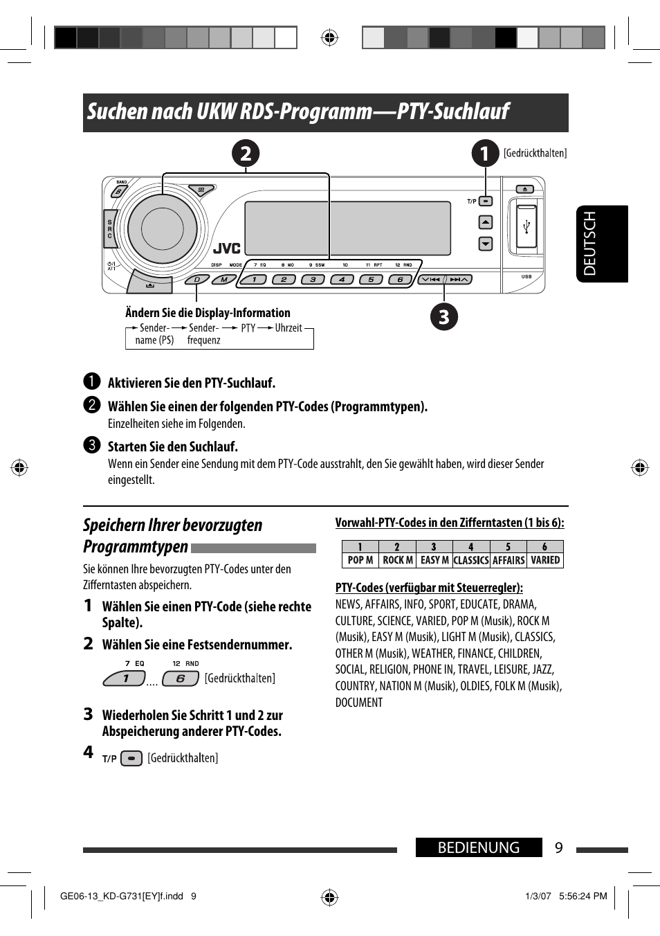 Suchen nach ukw rds-programm—pty-suchlauf, Speichern ihrer bevorzugten programmtypen | JVC KD-G731 User Manual | Page 47 / 117