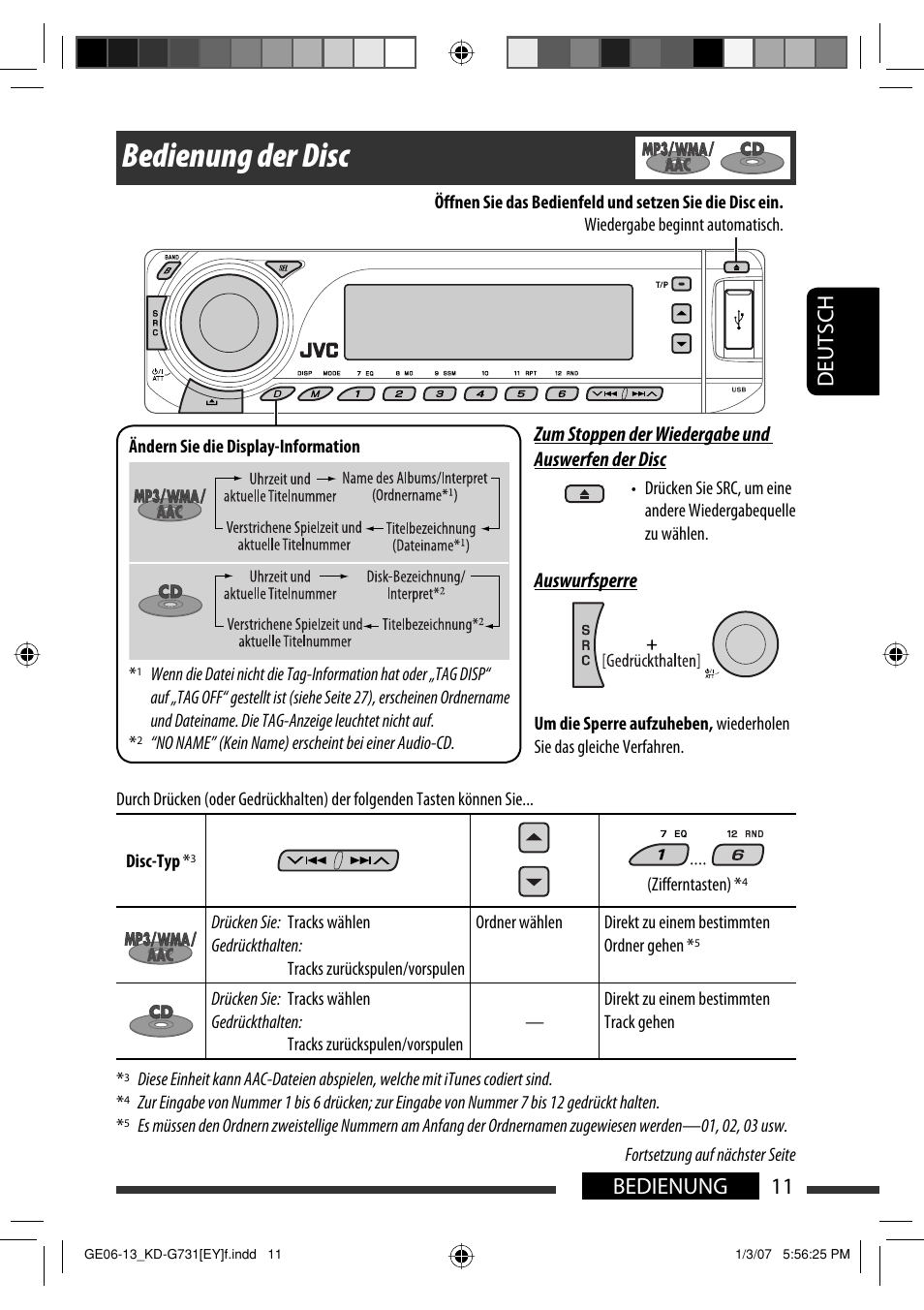 Bedienung der disc, 11 bedienung deutsch | JVC KD-G731 User Manual | Page 49 / 117