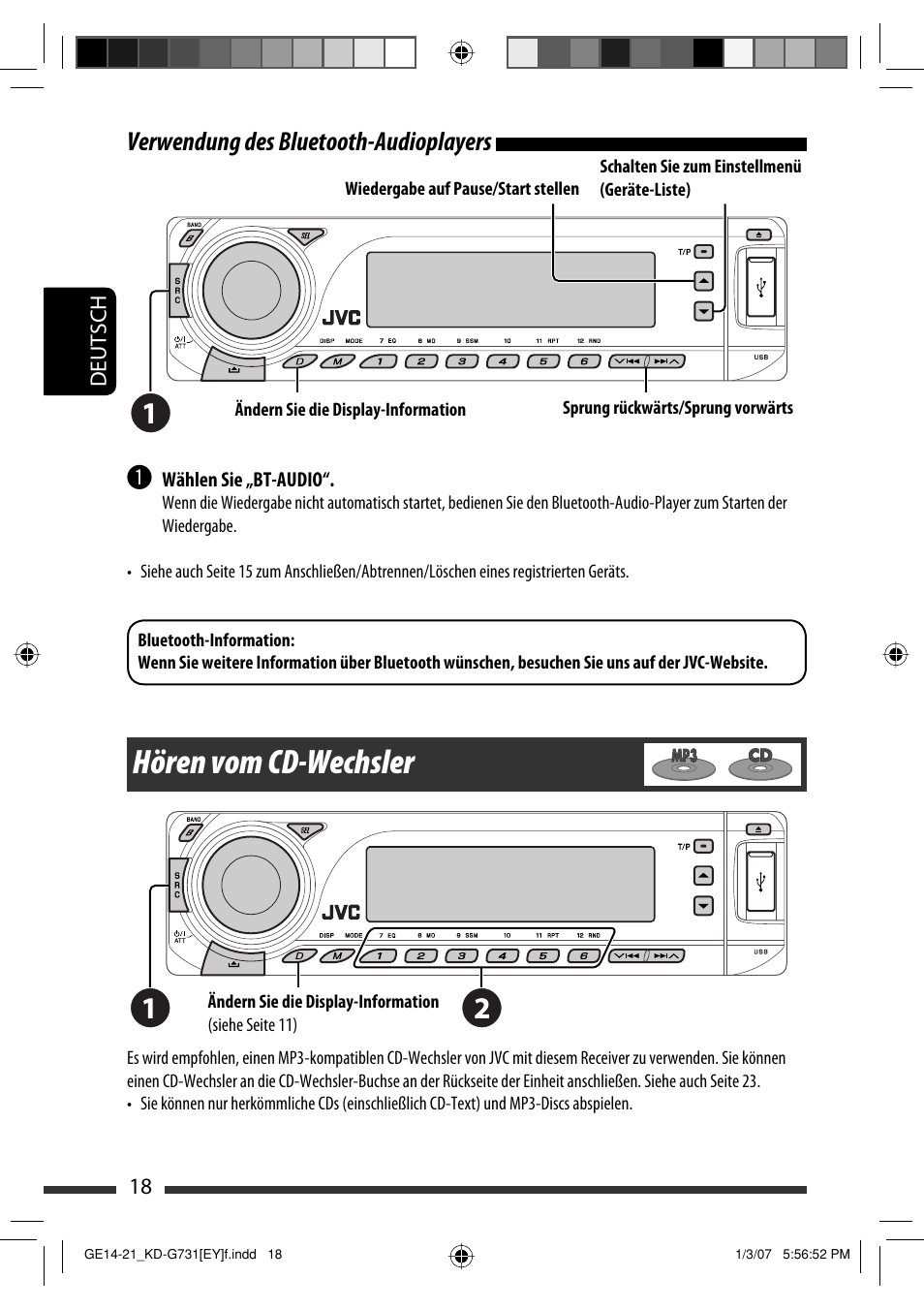Hören vom cd-wechsler, Verwendung des bluetooth-audioplayers | JVC KD-G731 User Manual | Page 56 / 117