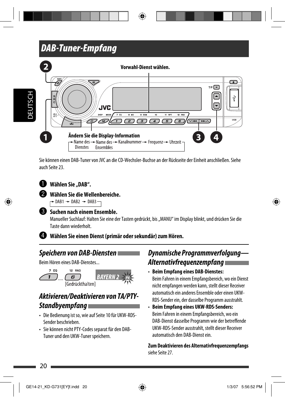 Dab-tuner-empfang, Speichern von dab-diensten, Aktivieren/deaktivieren von ta/pty- standbyempfang | JVC KD-G731 User Manual | Page 58 / 117