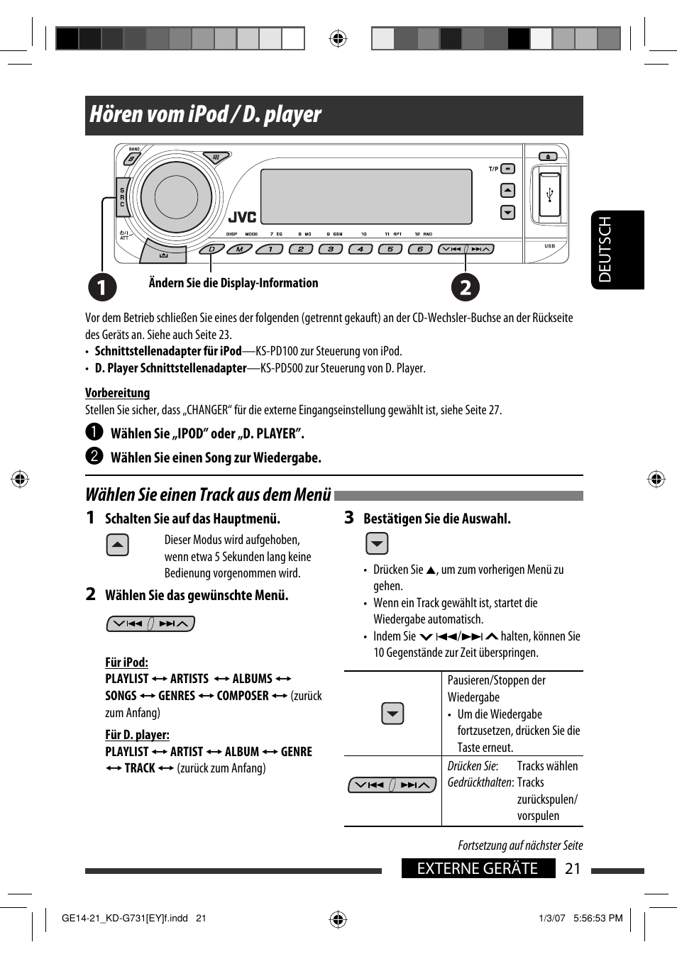 Hören vom ipod / d. player, Wählen sie einen track aus dem menü, 21 externe geräte deutsch | JVC KD-G731 User Manual | Page 59 / 117
