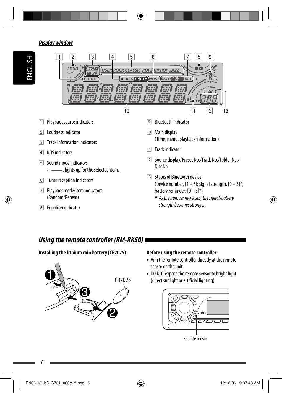 Using the remote controller (rm-rk50), English 6 | JVC KD-G731 User Manual | Page 6 / 117