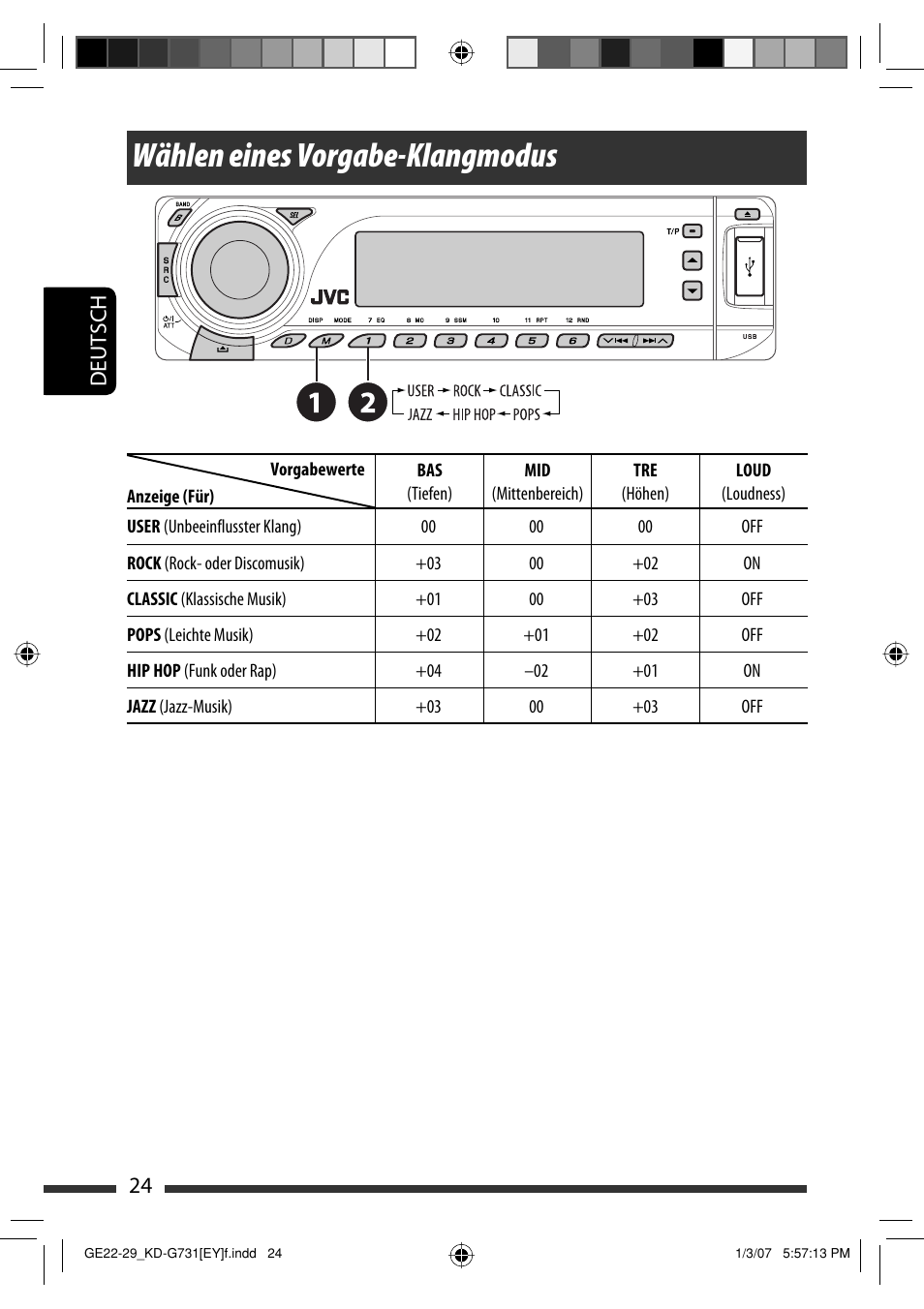 Wählen eines vorgabe-klangmodus, 24 deutsch | JVC KD-G731 User Manual | Page 62 / 117