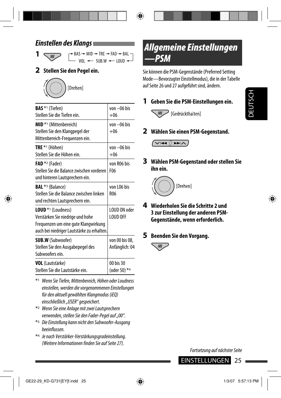 Allgemeine einstellungen —psm, Einstellen des klangs 1, 25 einstellungen deutsch | JVC KD-G731 User Manual | Page 63 / 117