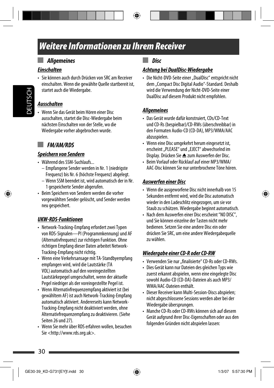 Weitere informationen zu ihrem receiver, 30 deutsch allgemeines, Fm/am/rds | Disc | JVC KD-G731 User Manual | Page 68 / 117