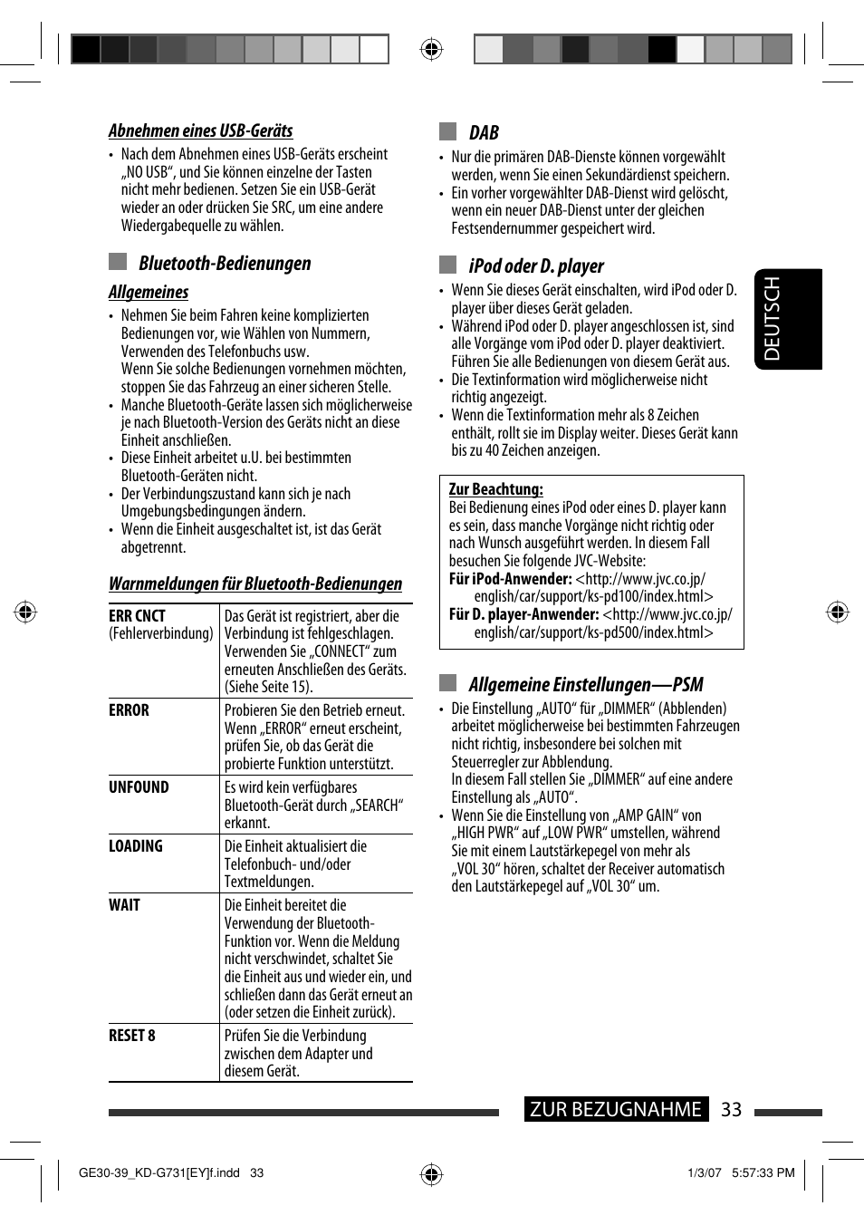 33 zur bezugnahme deutsch, Bluetooth-bedienungen, Ipod oder d. player | Allgemeine einstellungen—psm | JVC KD-G731 User Manual | Page 71 / 117