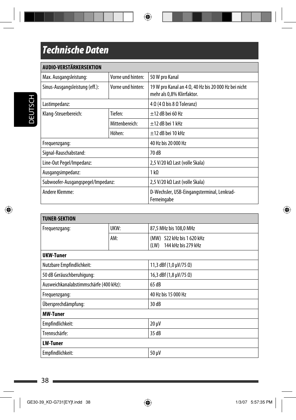 Technische daten, 38 deutsch | JVC KD-G731 User Manual | Page 76 / 117