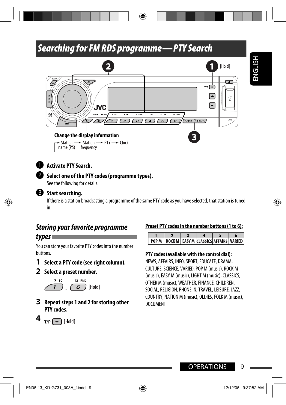 Searching for fm rds programme — pty search, Storing your favorite programme types | JVC KD-G731 User Manual | Page 9 / 117