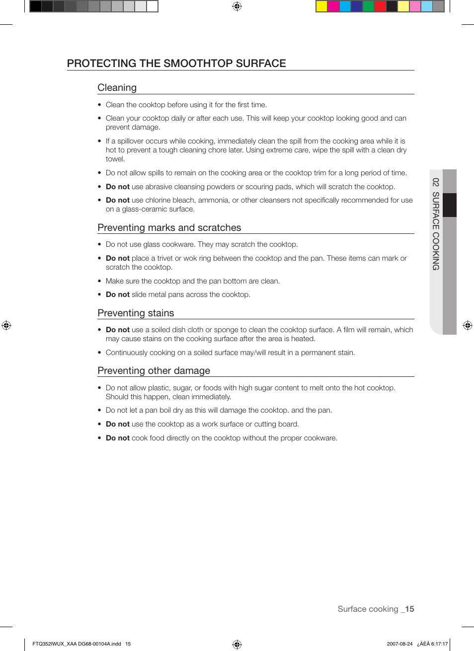 Protecting the smoothtop surface, Cleaning, Preventing marks and scratches | Preventing stains, Preventing other damage | Samsung FTQ352IWUX User Manual | Page 15 / 56