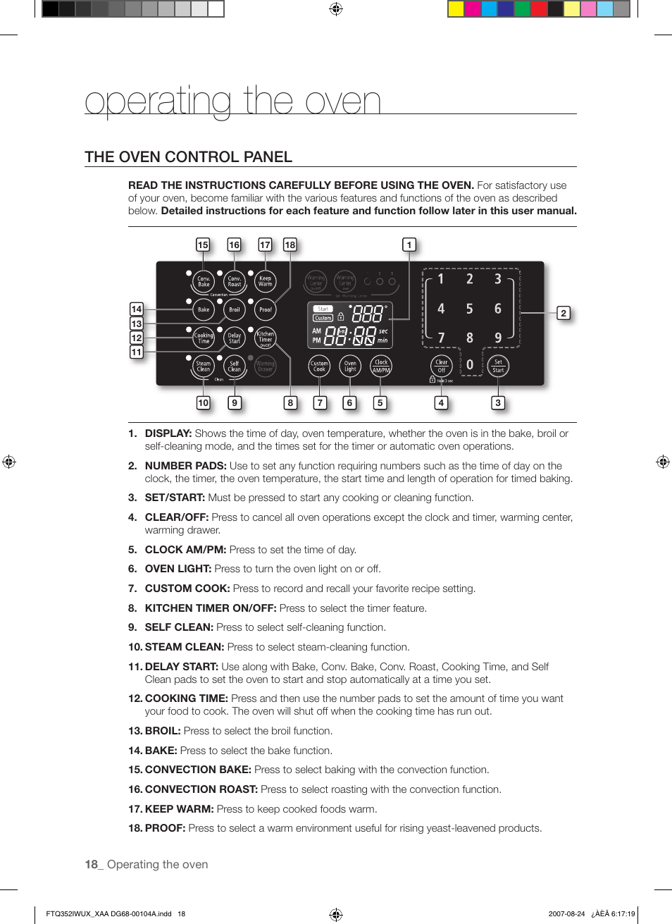 Operating the oven, The oven control panel | Samsung FTQ352IWUX User Manual | Page 18 / 56