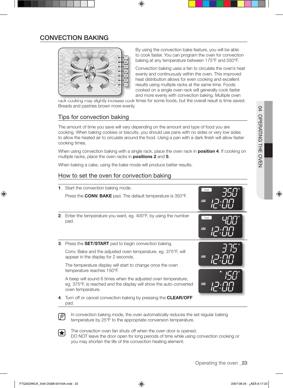 Convection baking, Tips for convection baking, How to set the oven for convection baking | Samsung FTQ352IWUX User Manual | Page 23 / 56