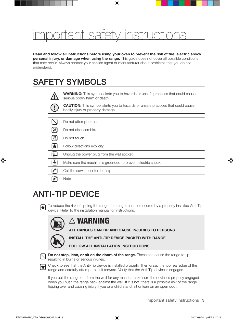 Important safety instructions, Safety symbols, Anti-tip device | Warning | Samsung FTQ352IWUX User Manual | Page 3 / 56