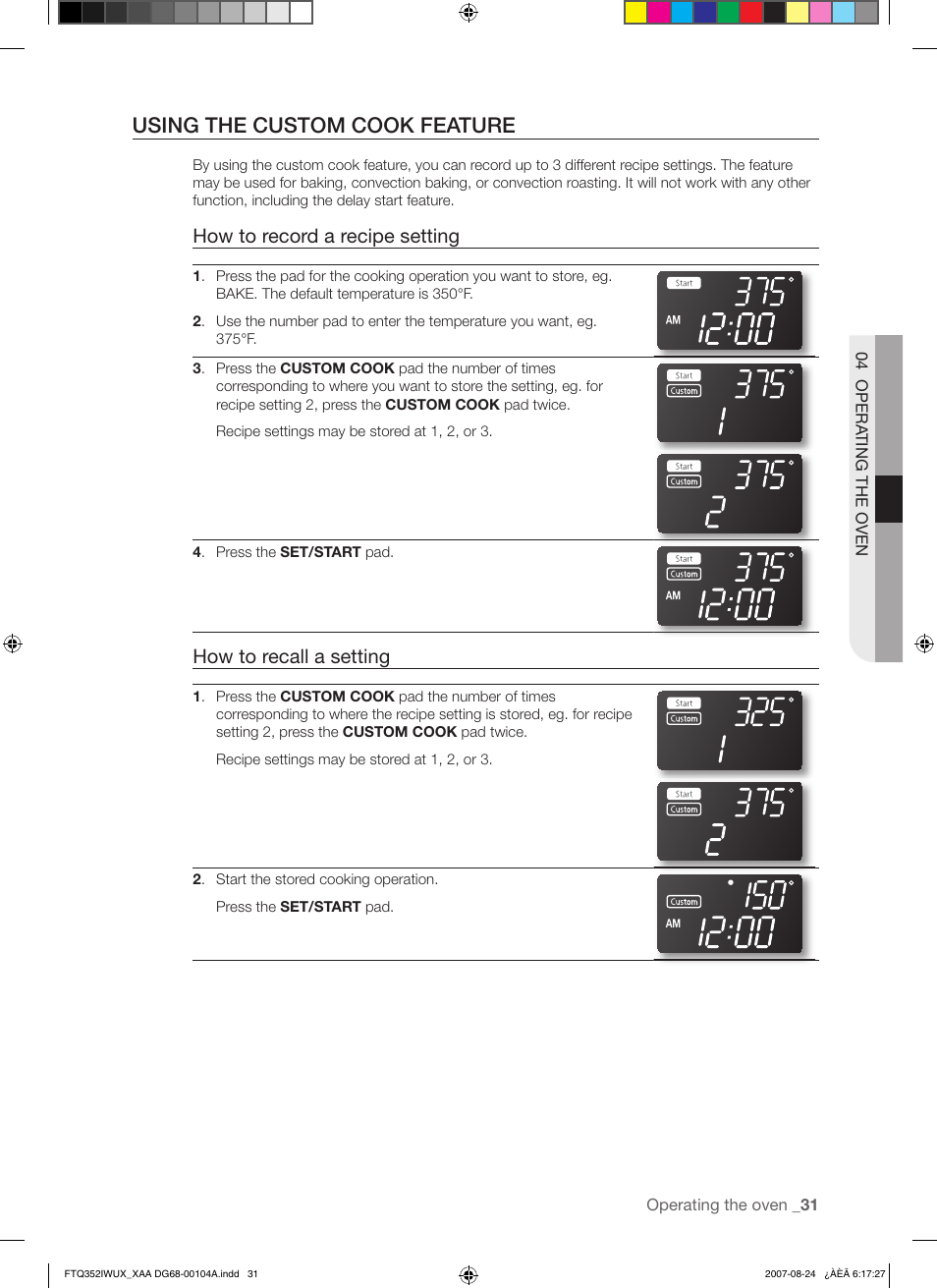 Using the custom cook feature, How to record a recipe setting, How to recall a setting | Samsung FTQ352IWUX User Manual | Page 31 / 56