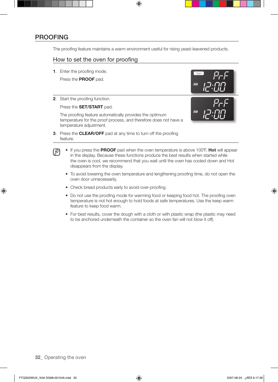 Proofing, How to set the oven for proofi ng | Samsung FTQ352IWUX User Manual | Page 32 / 56