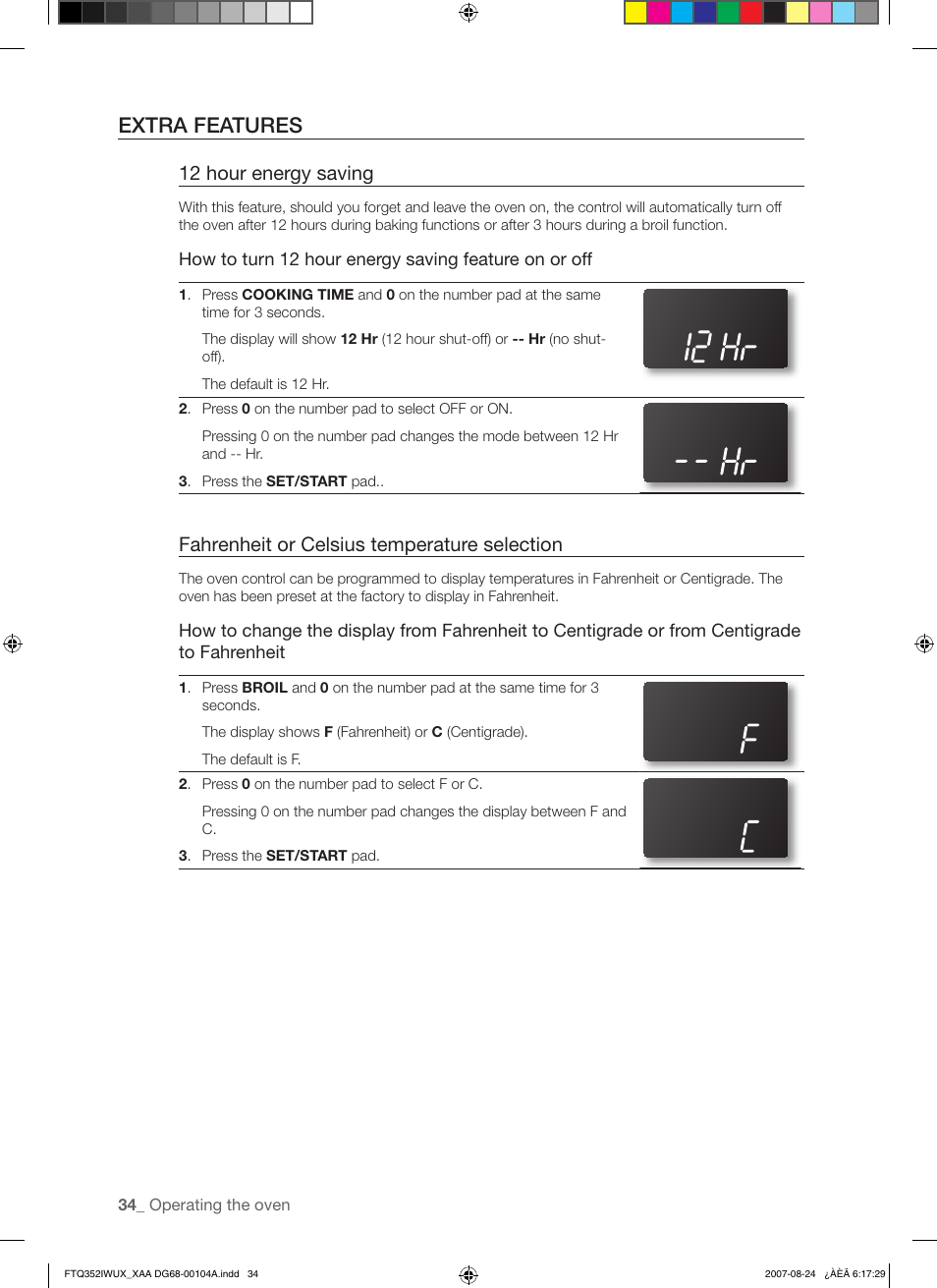 Extra features, 12 hour energy saving, Fahrenheit or celsius temperature selection | Samsung FTQ352IWUX User Manual | Page 34 / 56