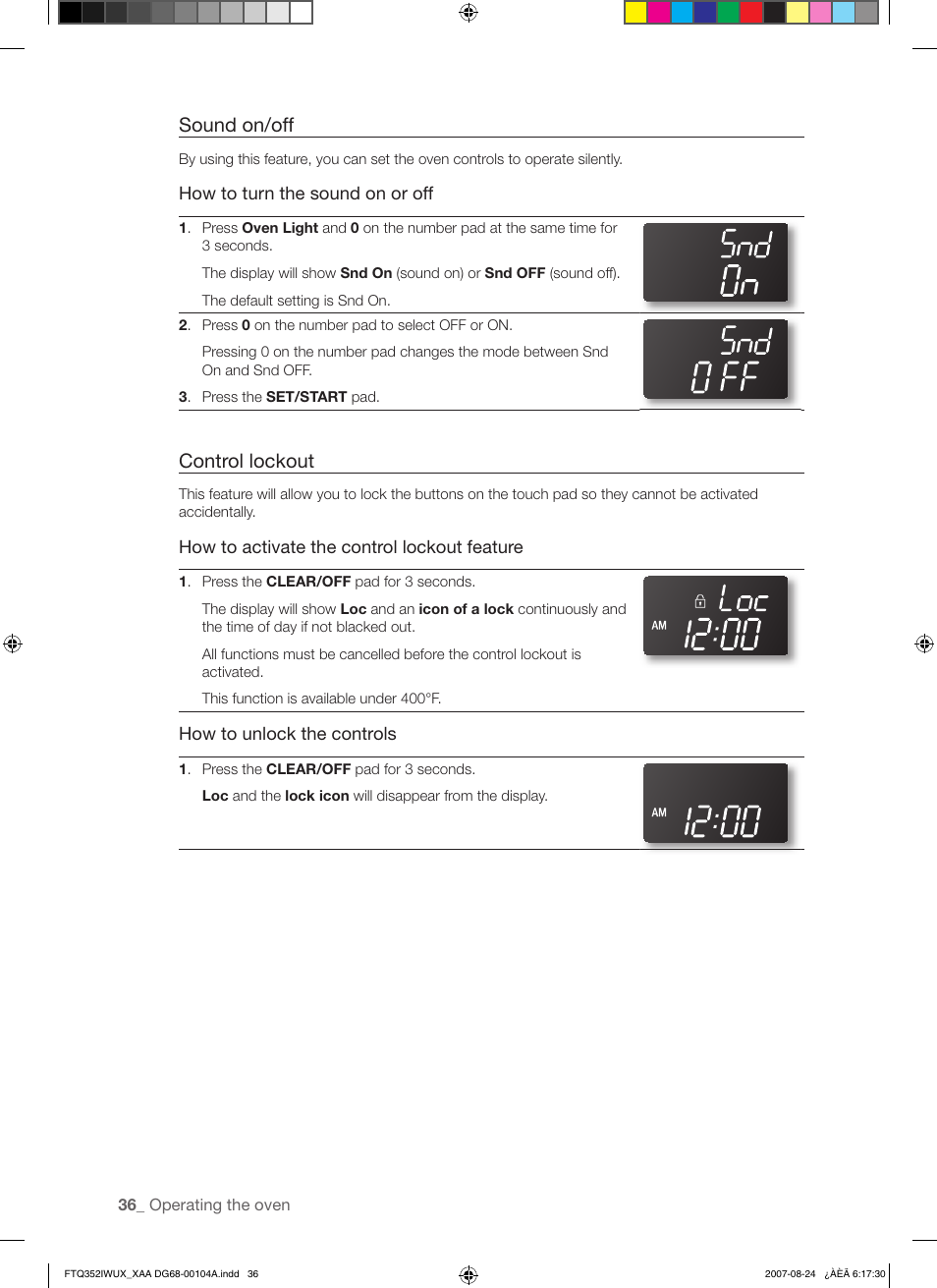 Sound on/off, Control lockout | Samsung FTQ352IWUX User Manual | Page 36 / 56