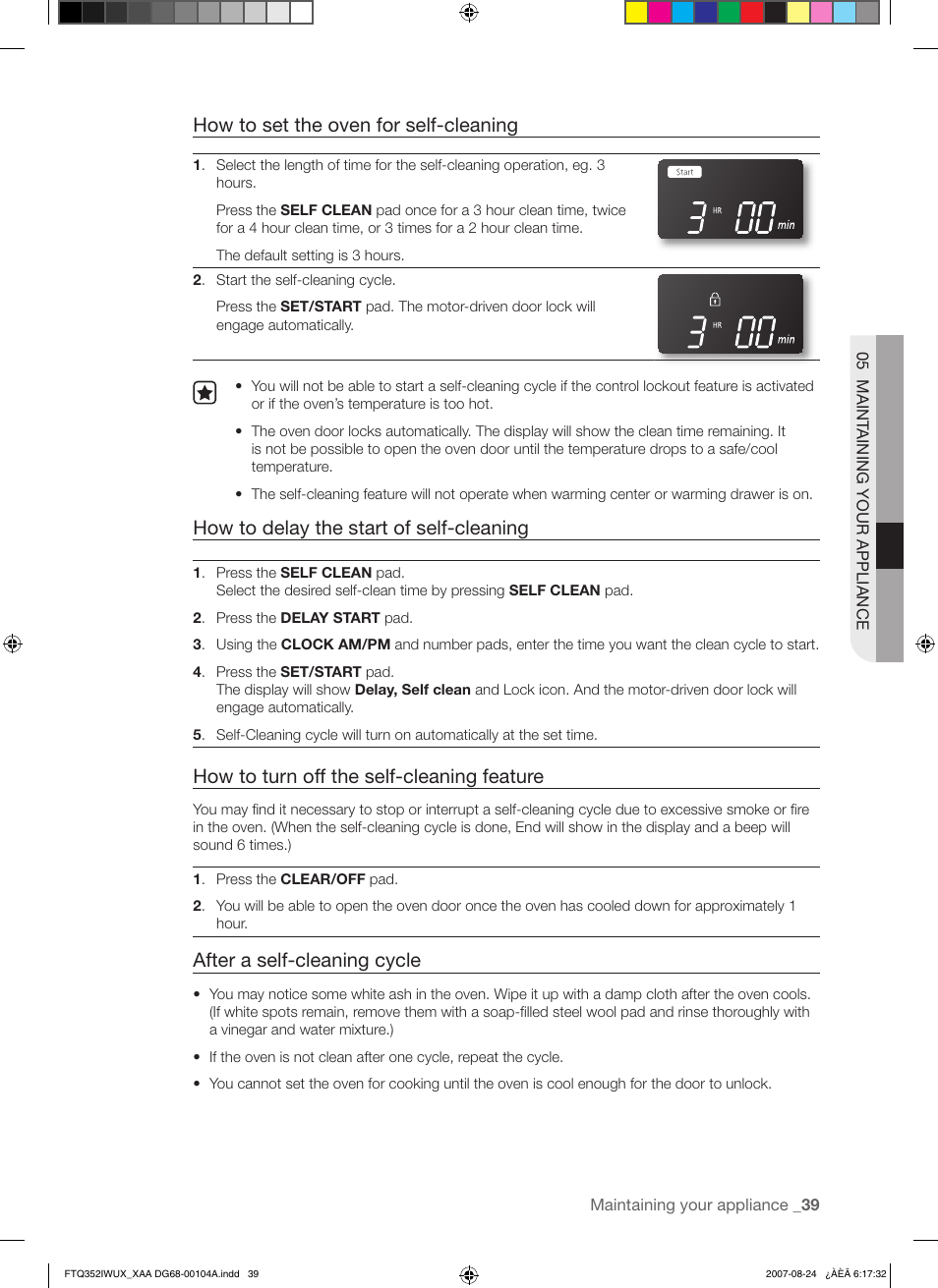 How to set the oven for self-cleaning, How to delay the start of self-cleaning, How to turn off the self-cleaning feature | After a self-cleaning cycle | Samsung FTQ352IWUX User Manual | Page 39 / 56