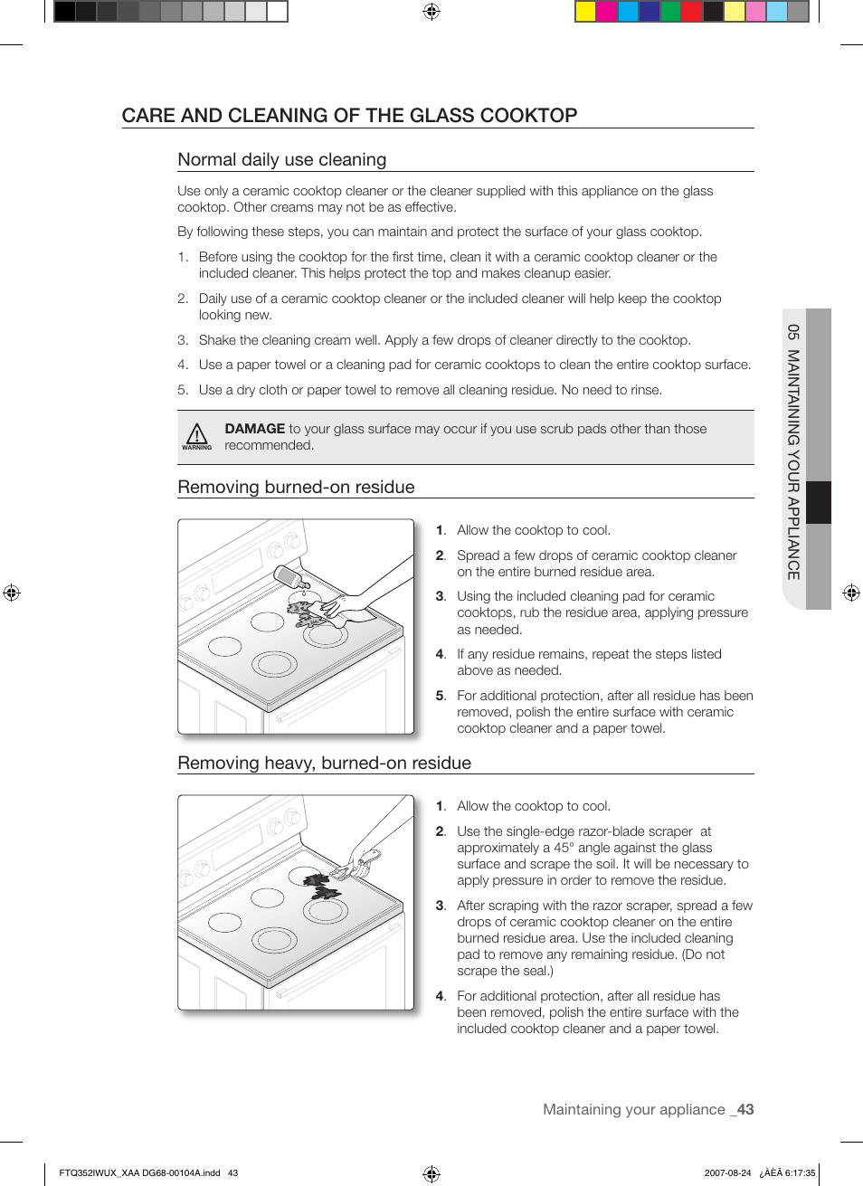 Care and cleaning of the glass cooktop, Normal daily use cleaning, Removing burned-on residue | Removing heavy, burned-on residue | Samsung FTQ352IWUX User Manual | Page 43 / 56