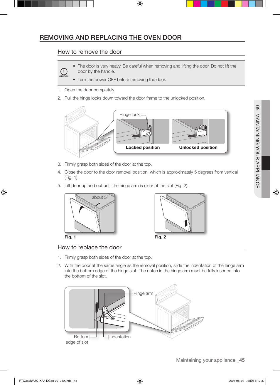 Removing and replacing the oven door, How to remove the door, How to replace the door | Samsung FTQ352IWUX User Manual | Page 45 / 56