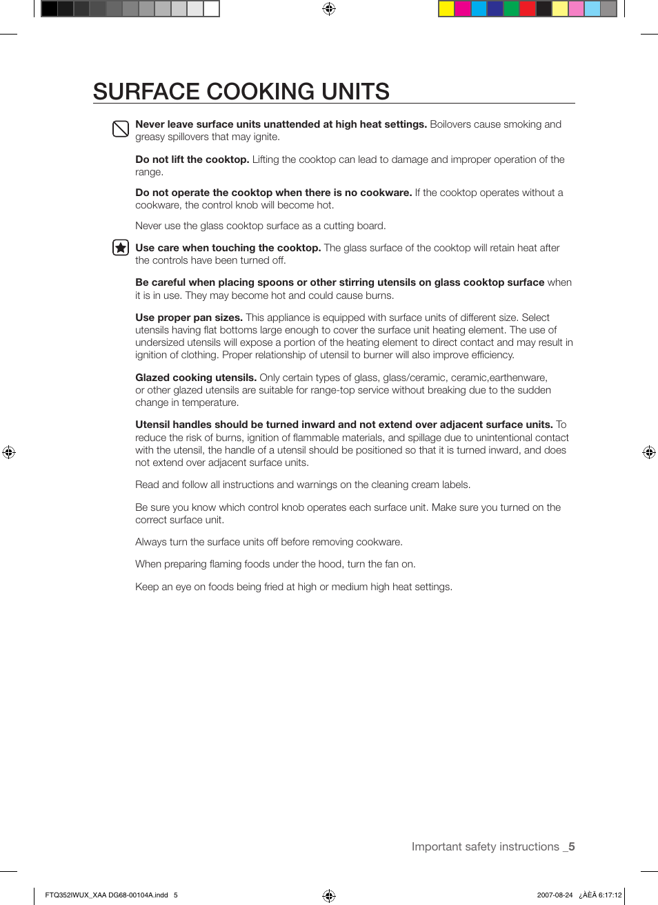 Surface cooking units | Samsung FTQ352IWUX User Manual | Page 5 / 56