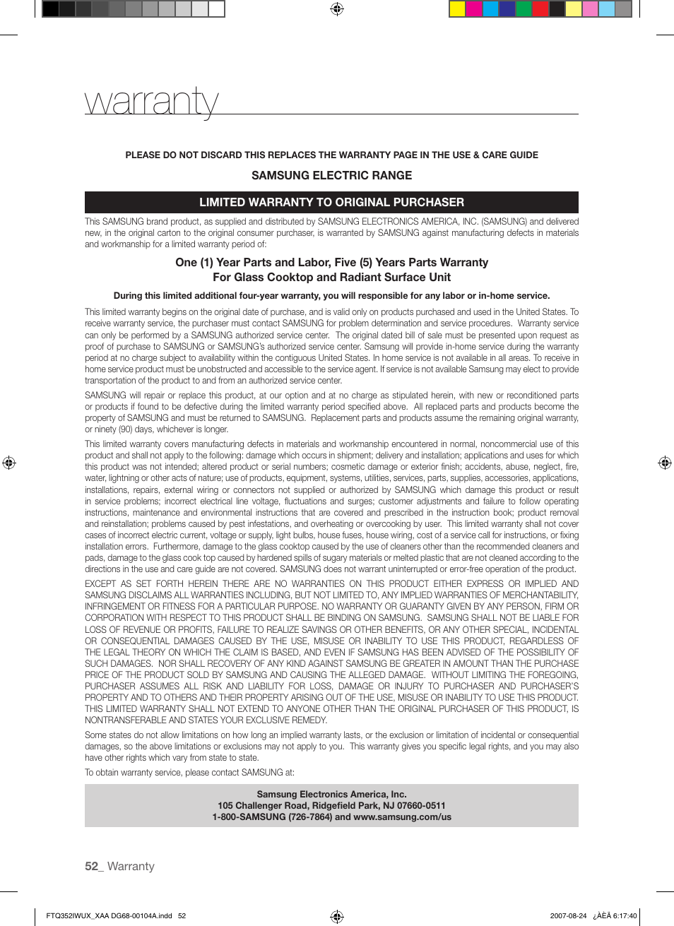 Warranty | Samsung FTQ352IWUX User Manual | Page 52 / 56