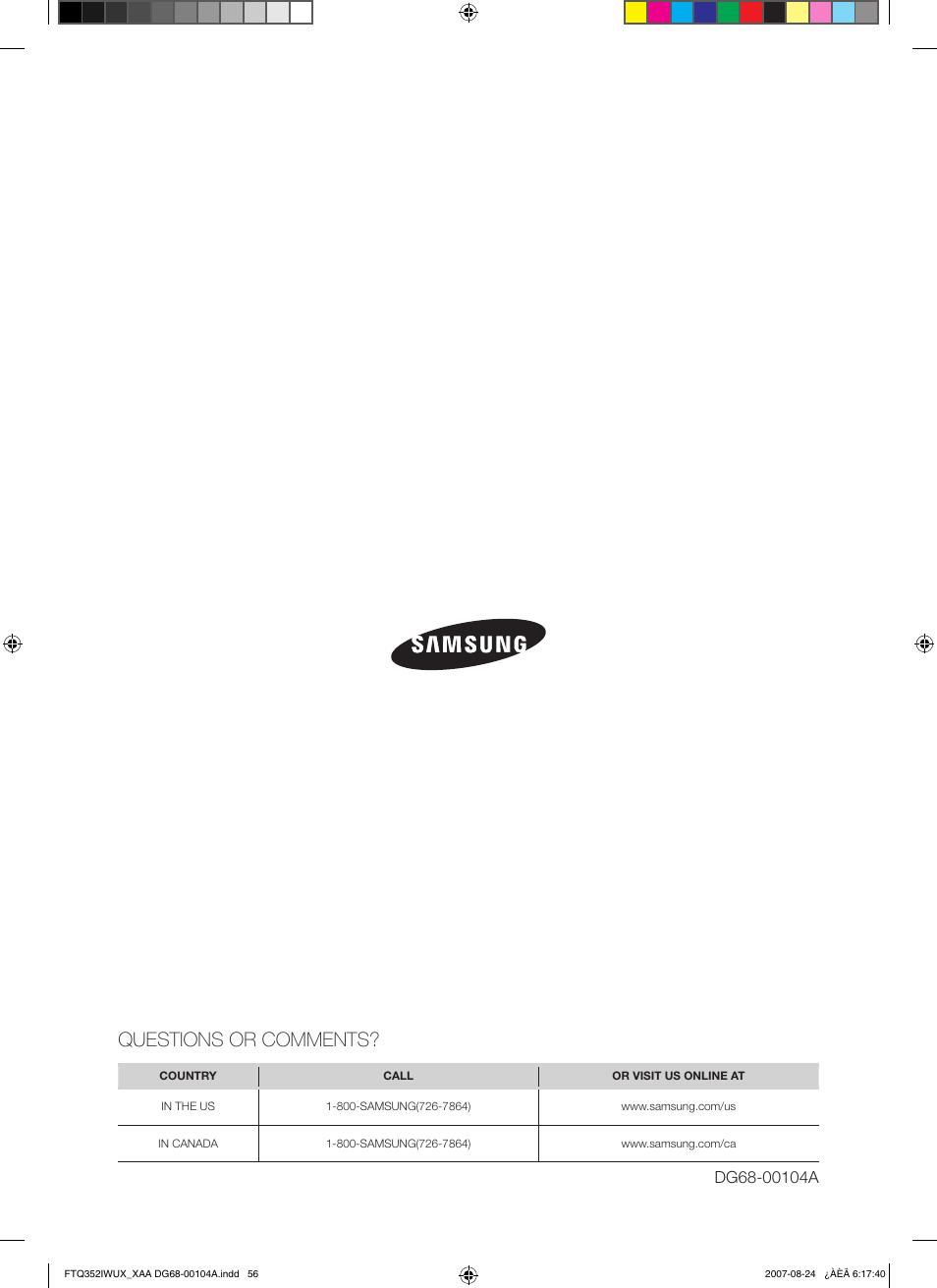 Questions or comments | Samsung FTQ352IWUX User Manual | Page 56 / 56