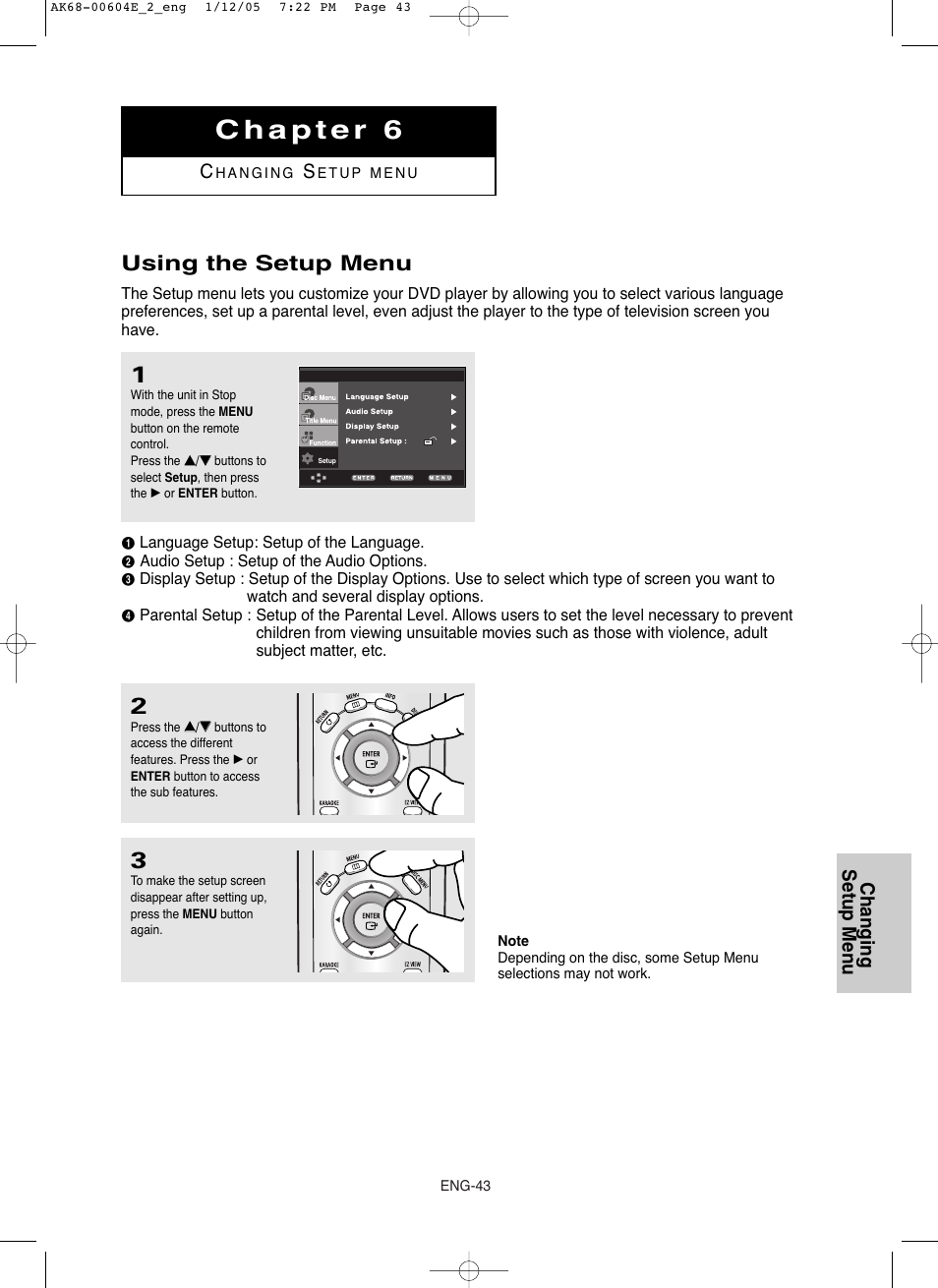 Using the setup menu, Changing setup menu | Samsung DVD-P250K User Manual | Page 103 / 120