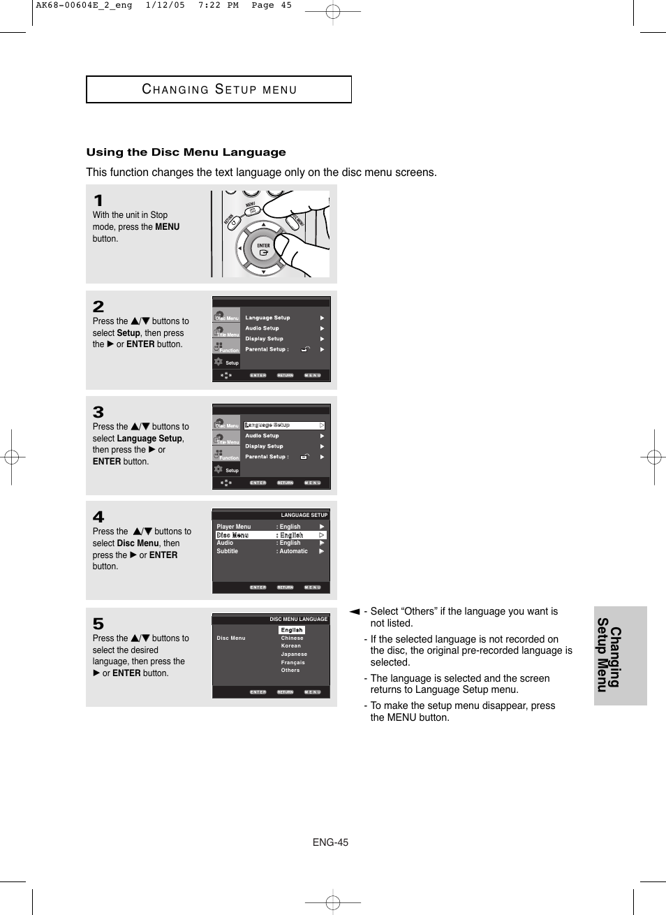 Changing setup menu c | Samsung DVD-P250K User Manual | Page 105 / 120