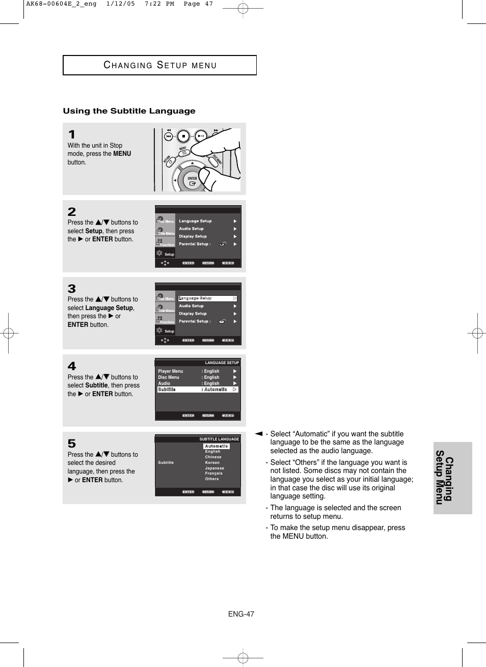 Changing setup menu c | Samsung DVD-P250K User Manual | Page 107 / 120