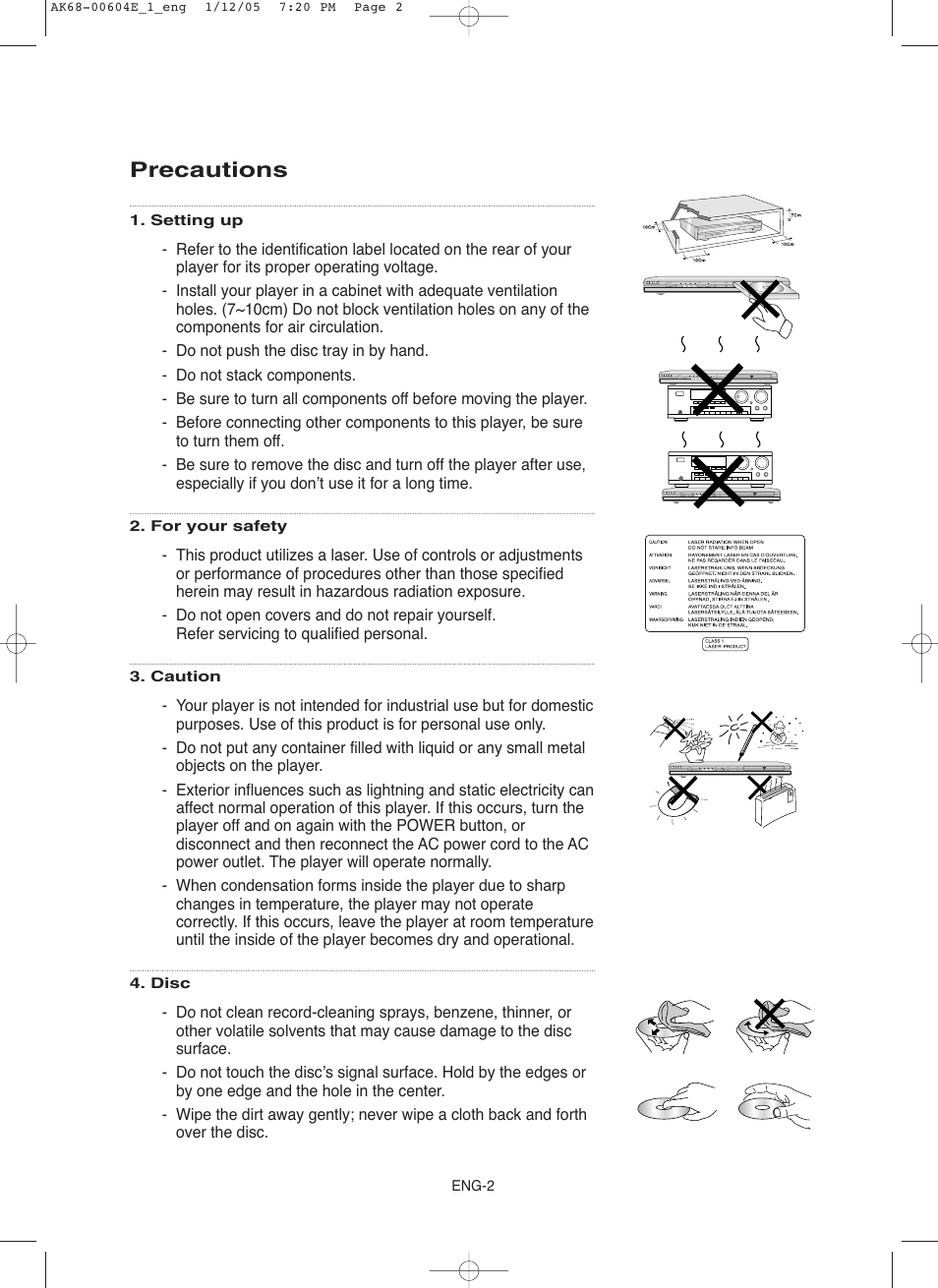 Precautions | Samsung DVD-P250K User Manual | Page 62 / 120