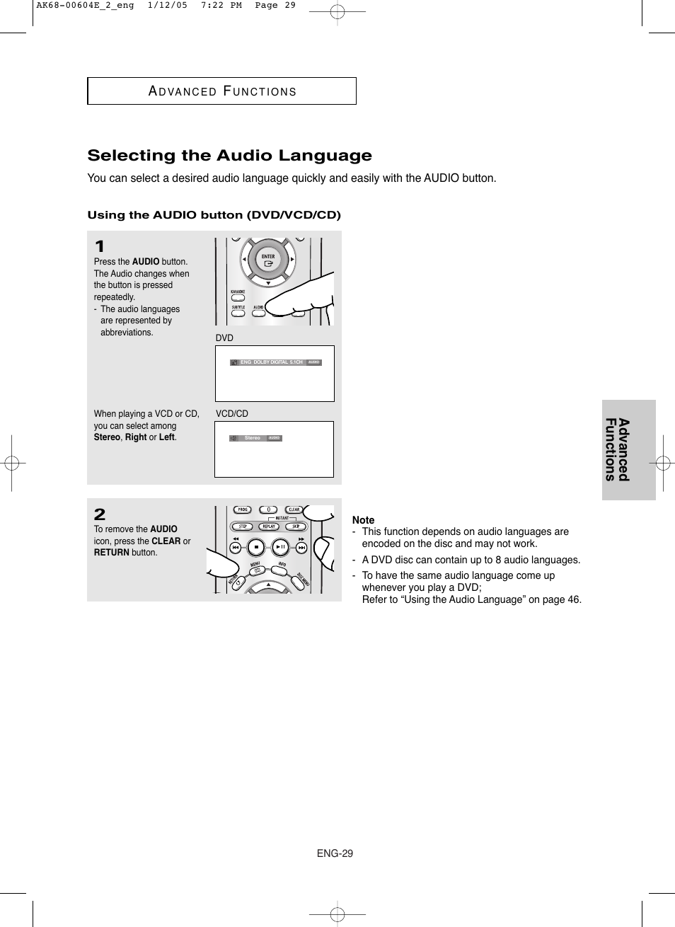 Selecting the audio language, Advanced functions a | Samsung DVD-P250K User Manual | Page 89 / 120