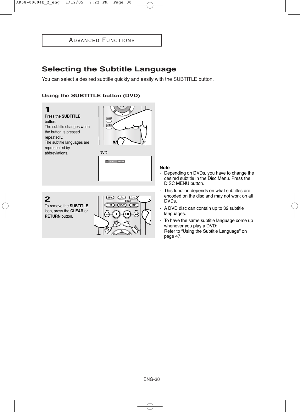 Selecting the subtitle language | Samsung DVD-P250K User Manual | Page 90 / 120