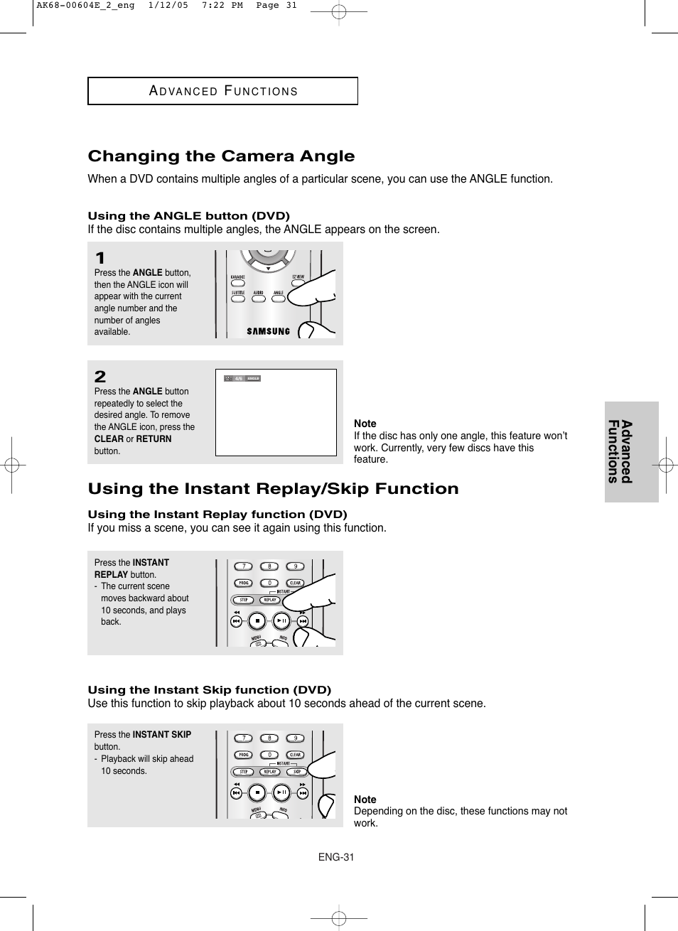 Changing the camera angle, Using the instant replay/skip function, Advanced functions a | Samsung DVD-P250K User Manual | Page 91 / 120