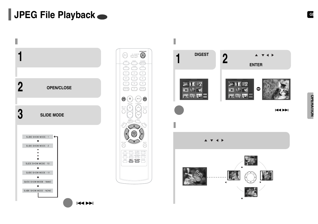 Jpeg file playback, Slide mode, Digest function | Rotate/flip function | Samsung HT-UP30 User Manual | Page 13 / 36