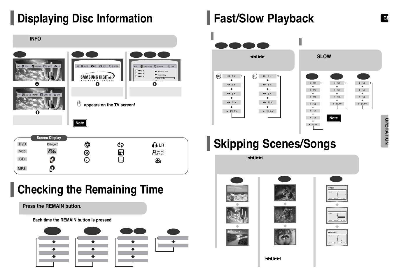 Displaying disc information, Checking the remaining time, Fast/ slow playback | Skipping scenes/ songs, Fast/slow playback skipping scenes/songs, Fast playback, Slow playback | Samsung HT-UP30 User Manual | Page 16 / 36