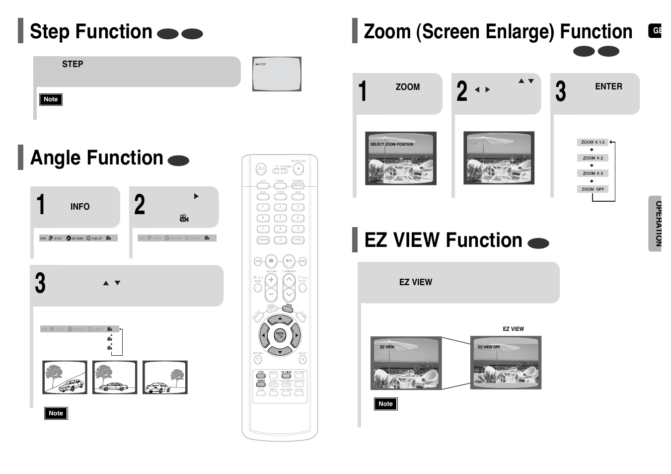 Step function, Angle function, Zoom (screen enlarge) function | Dvd ez view function, Zoom (screen enlarge) function ez view function | Samsung HT-UP30 User Manual | Page 18 / 36